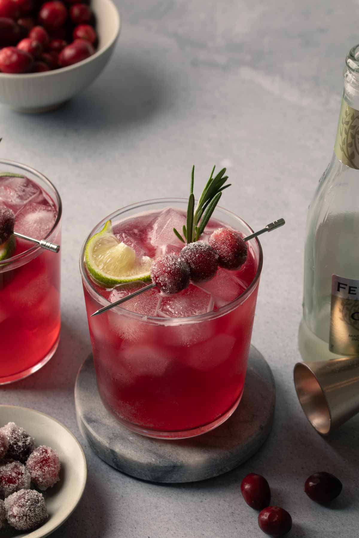 A christmas gin cocktail garnished with rosemary and sugared cranberries. 