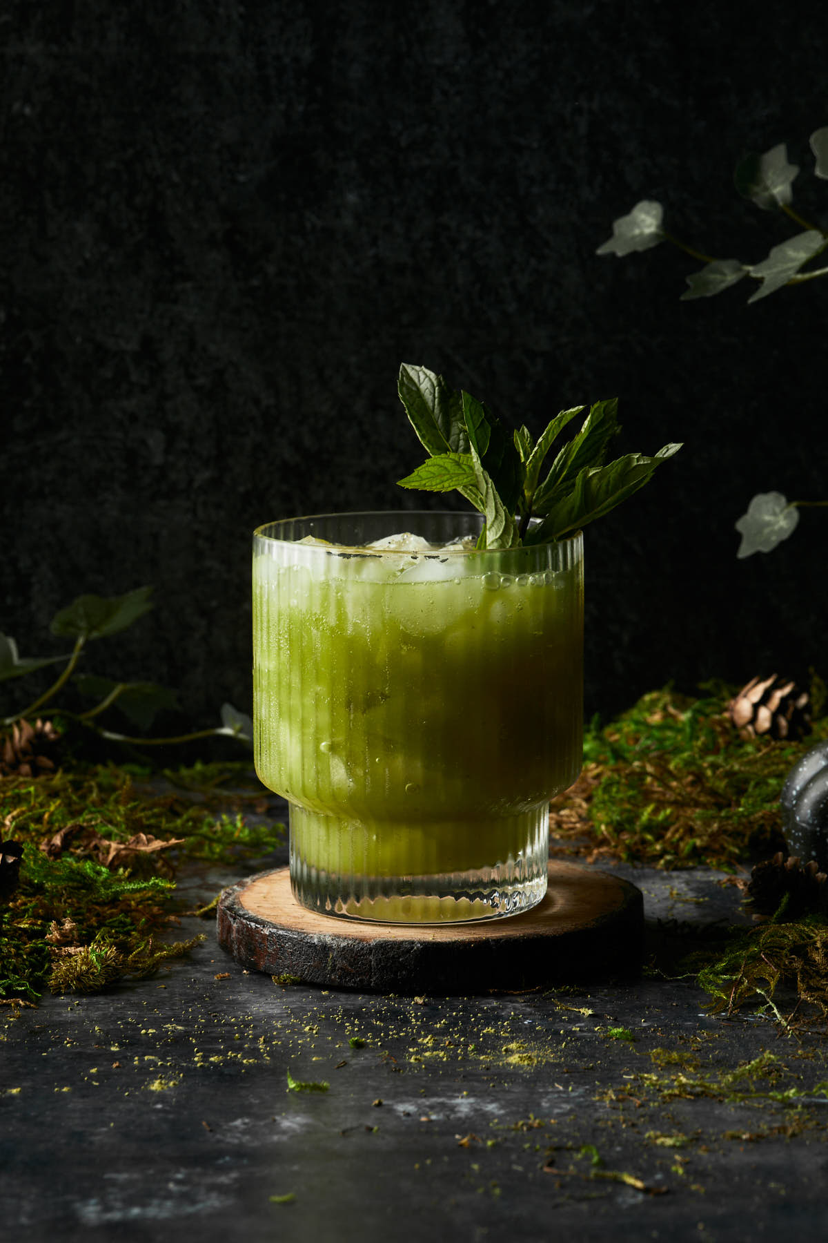 A green slimy cocktail, garnished with mint leaves and surrounded by moss, greenery and branches. 