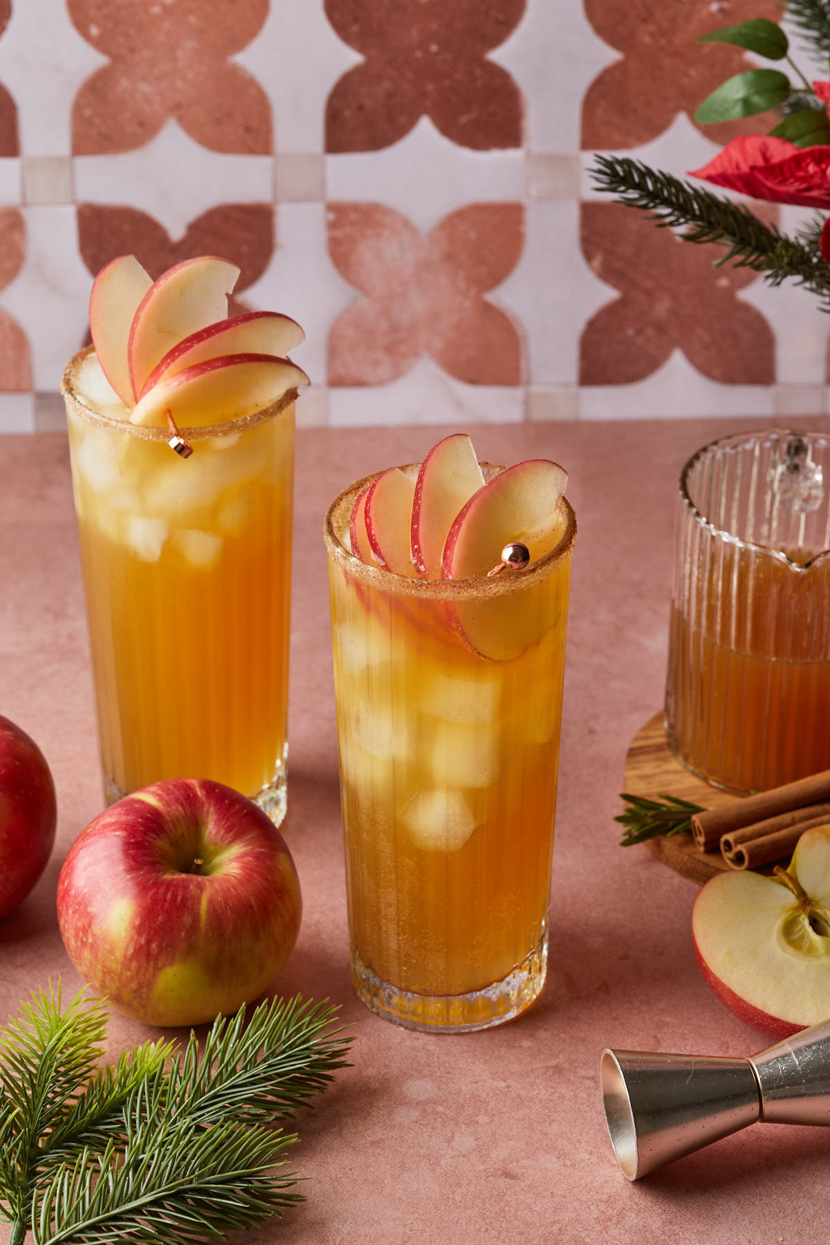 A couple tall glasses filled with apple cider bourbon cocktails, garnished with sliced apples and rimmed with cinnamon sugar. 